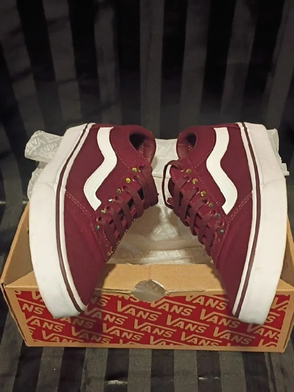 Vans Old Skool Low Top Sneakers in Burgundy with White Stripe W/Bling